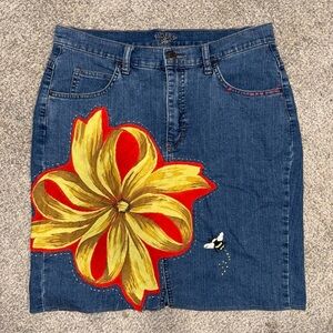 Lee Denim Skirt with Red and Yellow Floral Design